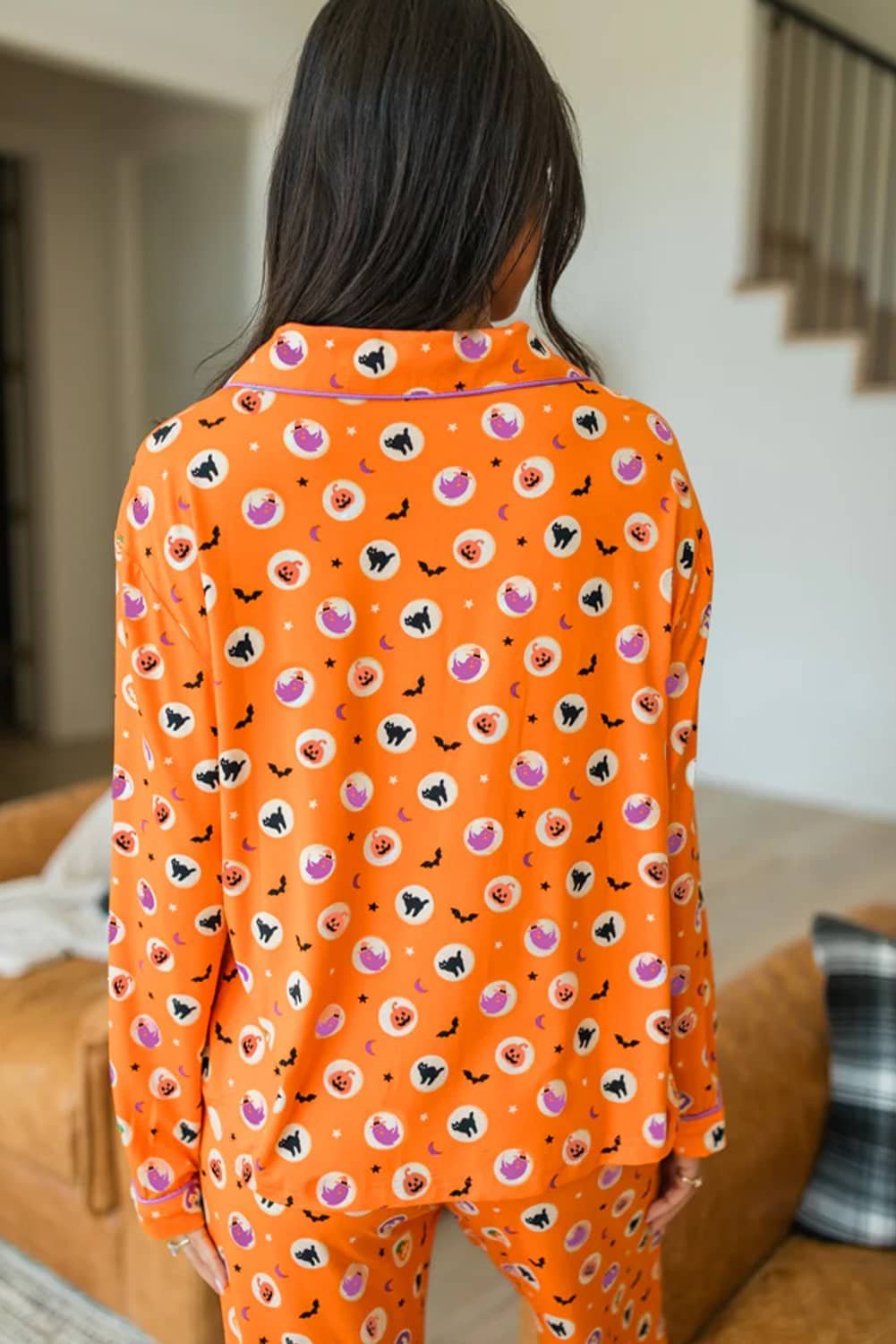 Orange Halloween Print Lapel Shirt Long 2Pcs Pajama Set