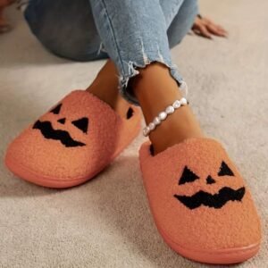 Orange Halloween Pumpkin Face Graphic Plush Slippers