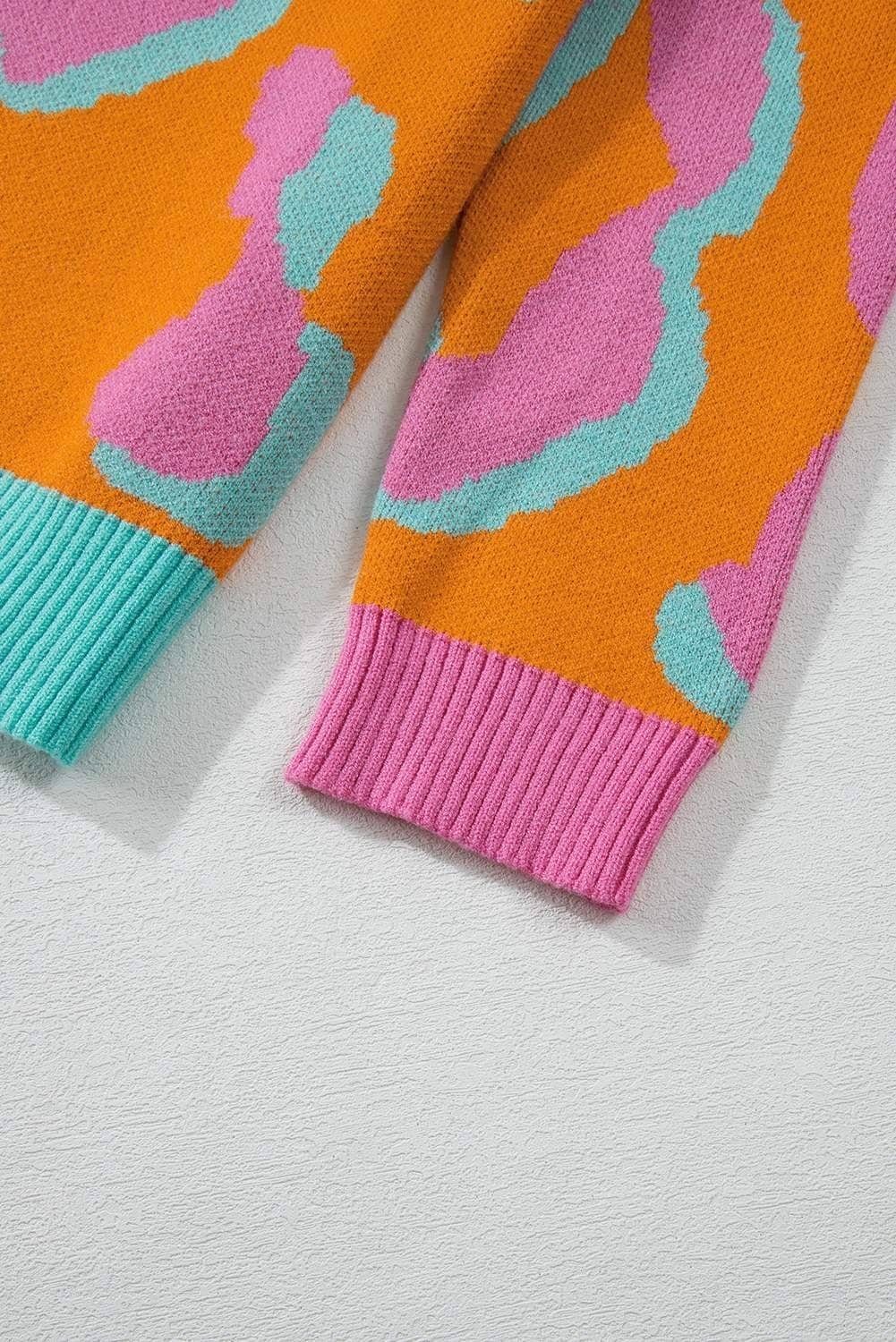 Orange Leopard Colorblock Ribbed Edge Sweater