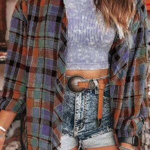 Orange Plaid Print Loose Vintage Shirt