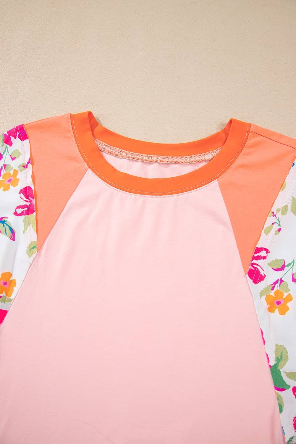 Orange Plus Size Floral Print Patchwork Raglan Half Sleeve Top