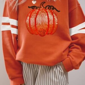 Orange Sequin Pumpkin Patched Oversize Varsity Sweatshirt