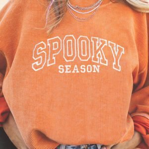 Orange Spooky Season Embroidered Letter Graphic Twisted Ribbed Sweatshirt