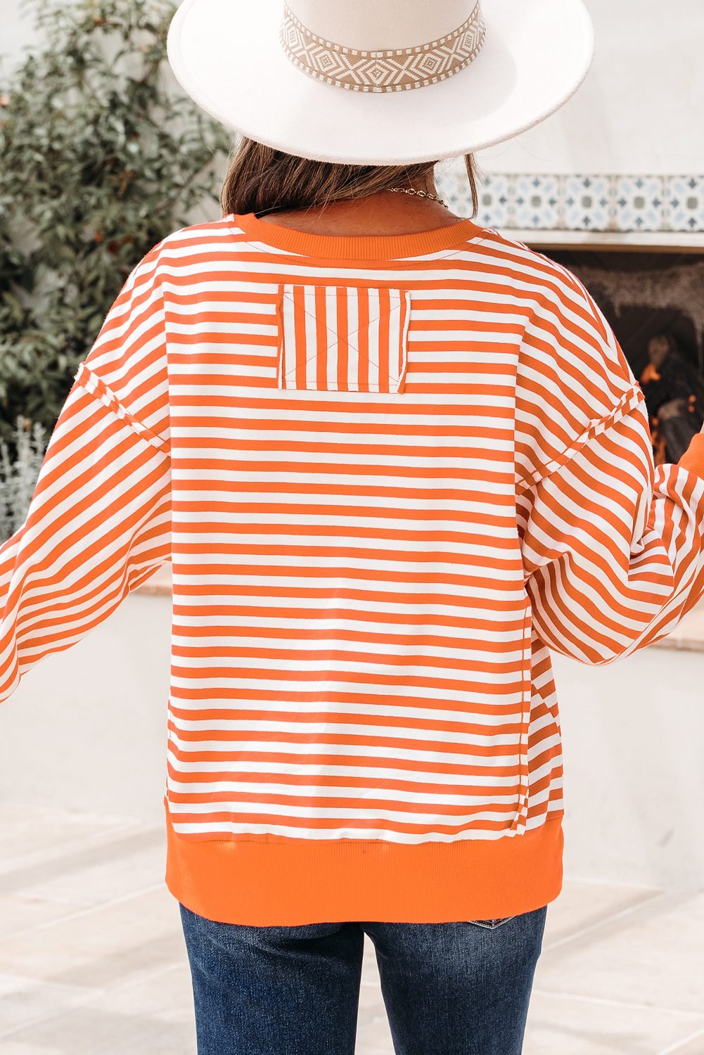 Orange Stripe Exposed Seam Drop Shoulder Casual Pullover Top