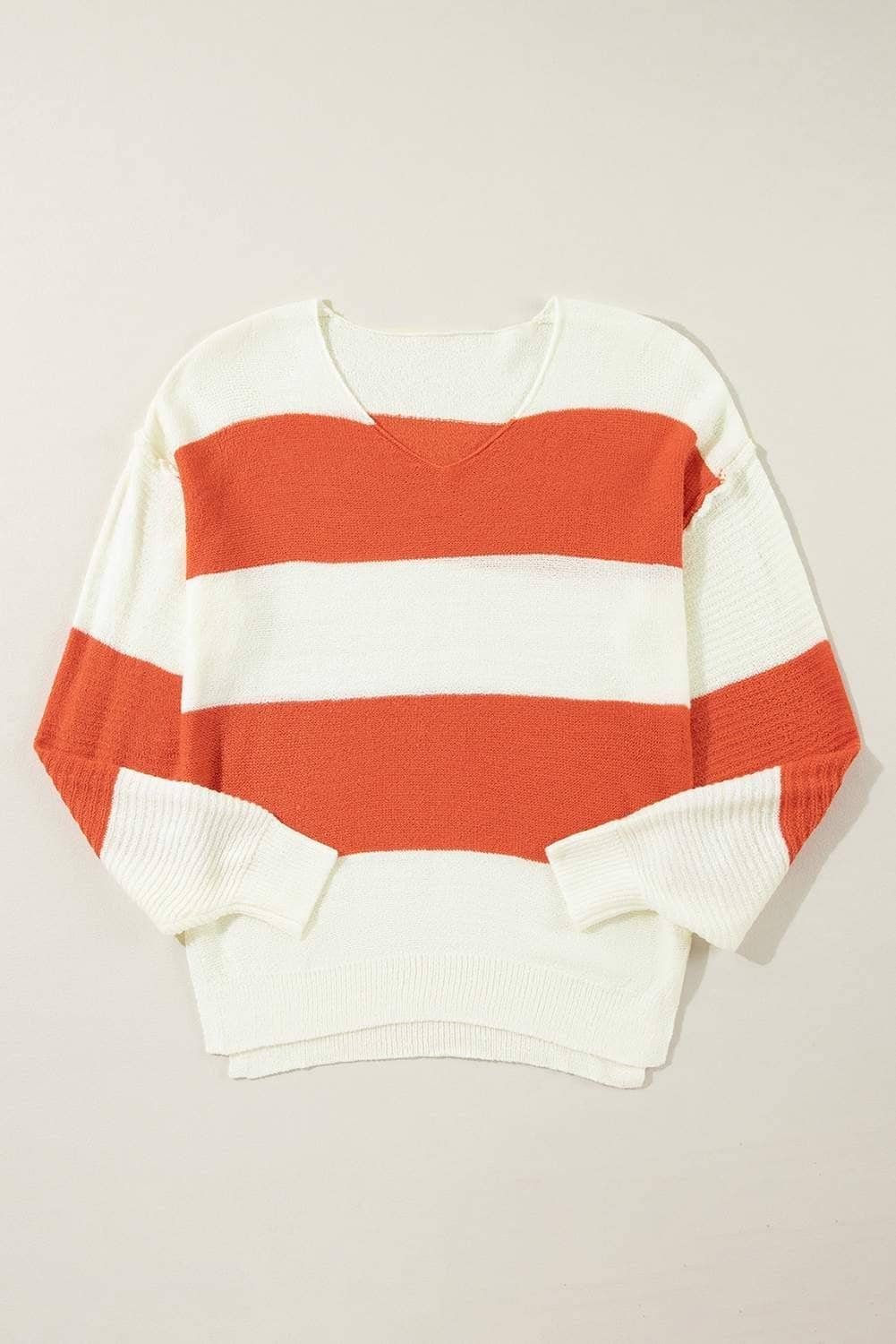 Orange Stripe Loose Color Block Drop Shoulder Bubble Sleeve Sweater