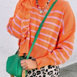 Orange Stripe Ribbed High Neck Drop Shoulder Boxy Fit Sweater