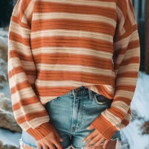 Orange Stripe Ribbed Trim Drop Shoulder Sweater