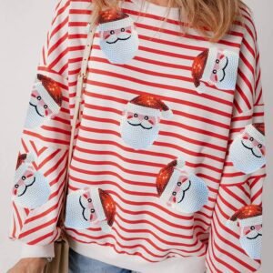 Orange Stripe Striped Sequin Santa Claus Pattern Christmas Pullover Sweatshirt