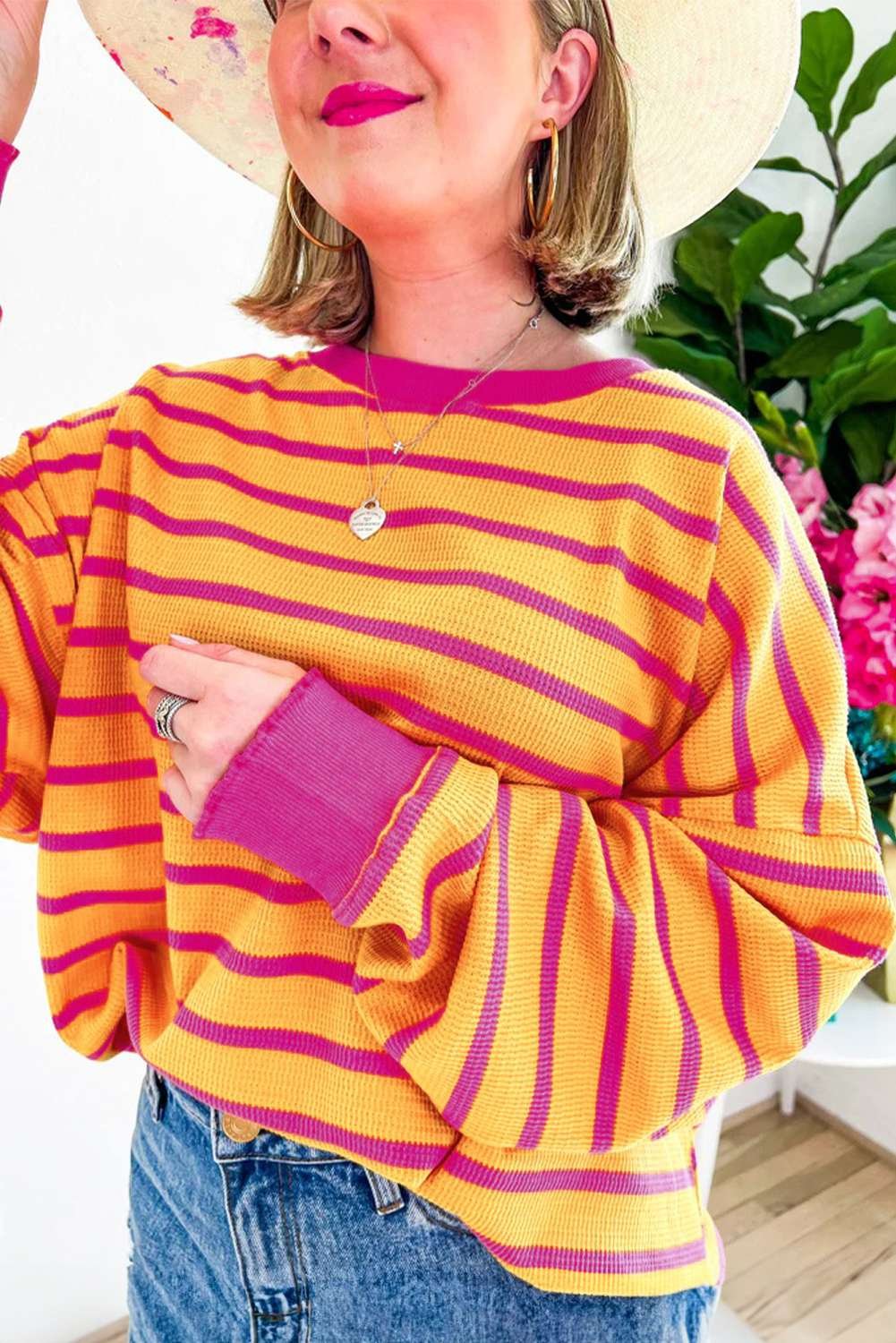 Orange Stripe Trimmed Round Neck Drop Shoulder Loose Sweater