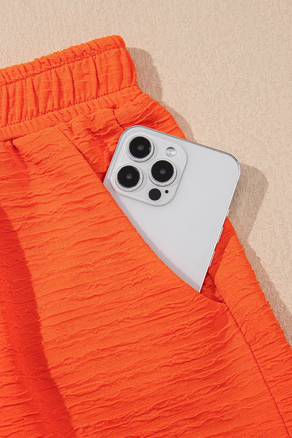 Orange Textured V Neck T Shirt And Shorts Set
