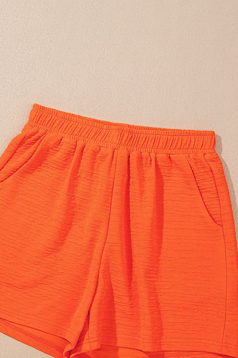 Orange Textured V Neck T Shirt And Shorts Set