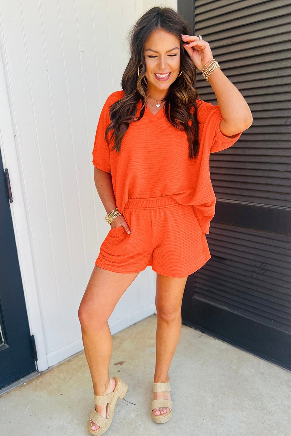 Orange Textured V Neck T Shirt And Shorts Set