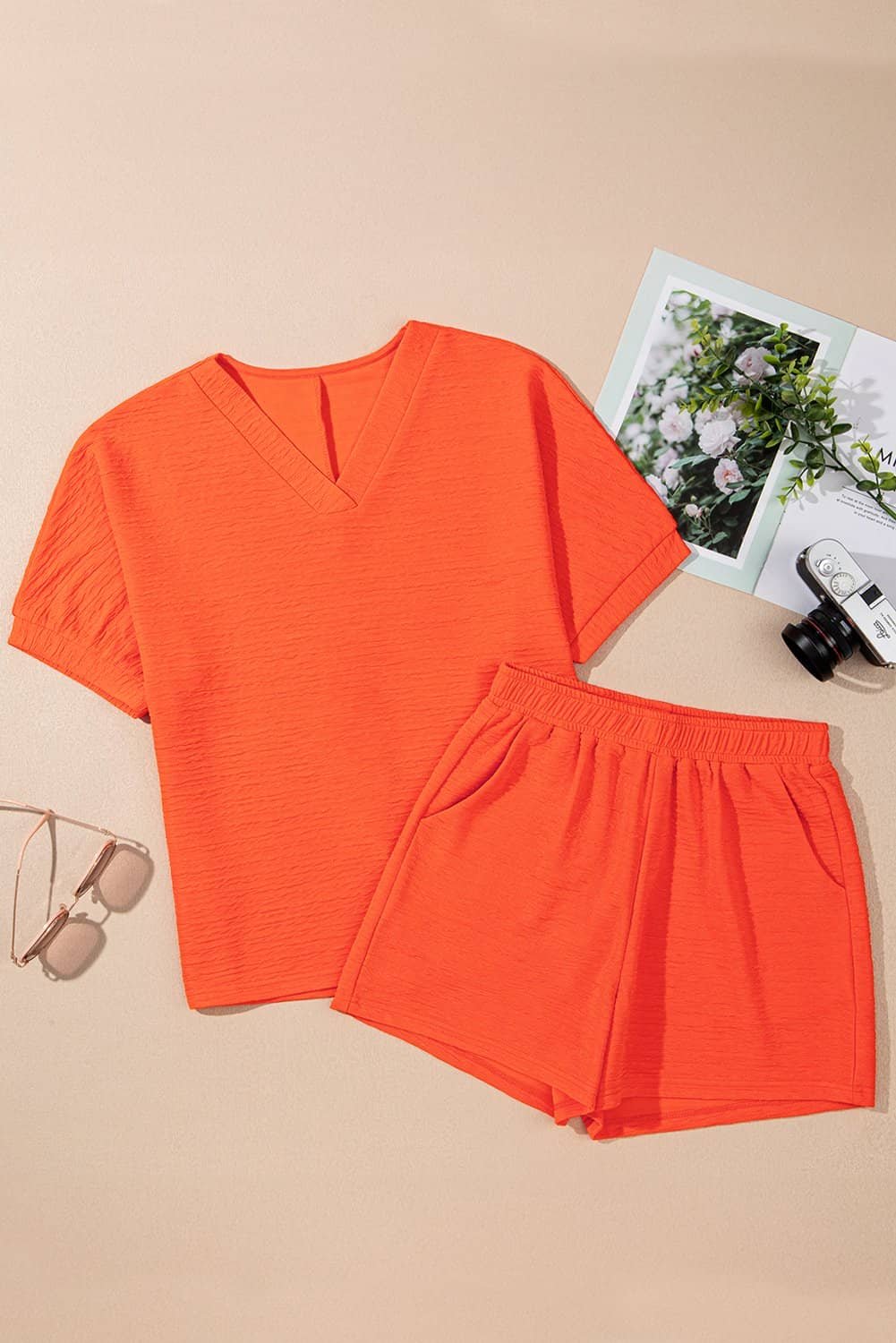 Orange Textured V Neck T Shirt And Shorts Set