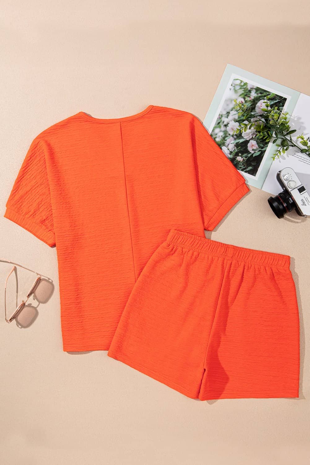 Orange Textured V Neck T Shirt And Shorts Set