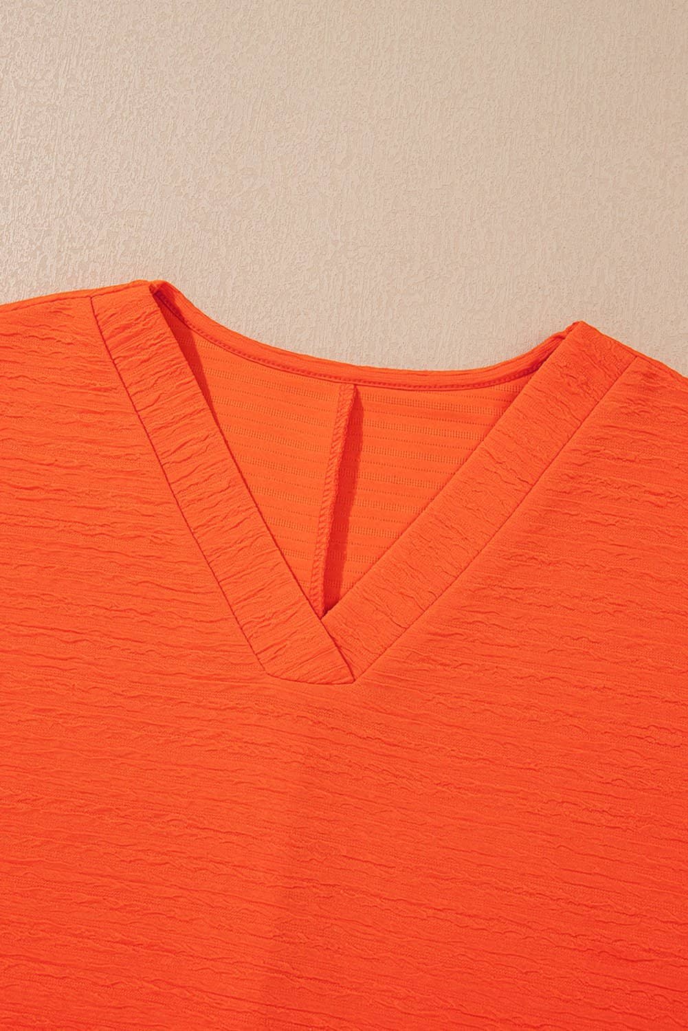 Orange Textured V Neck T Shirt And Shorts Set