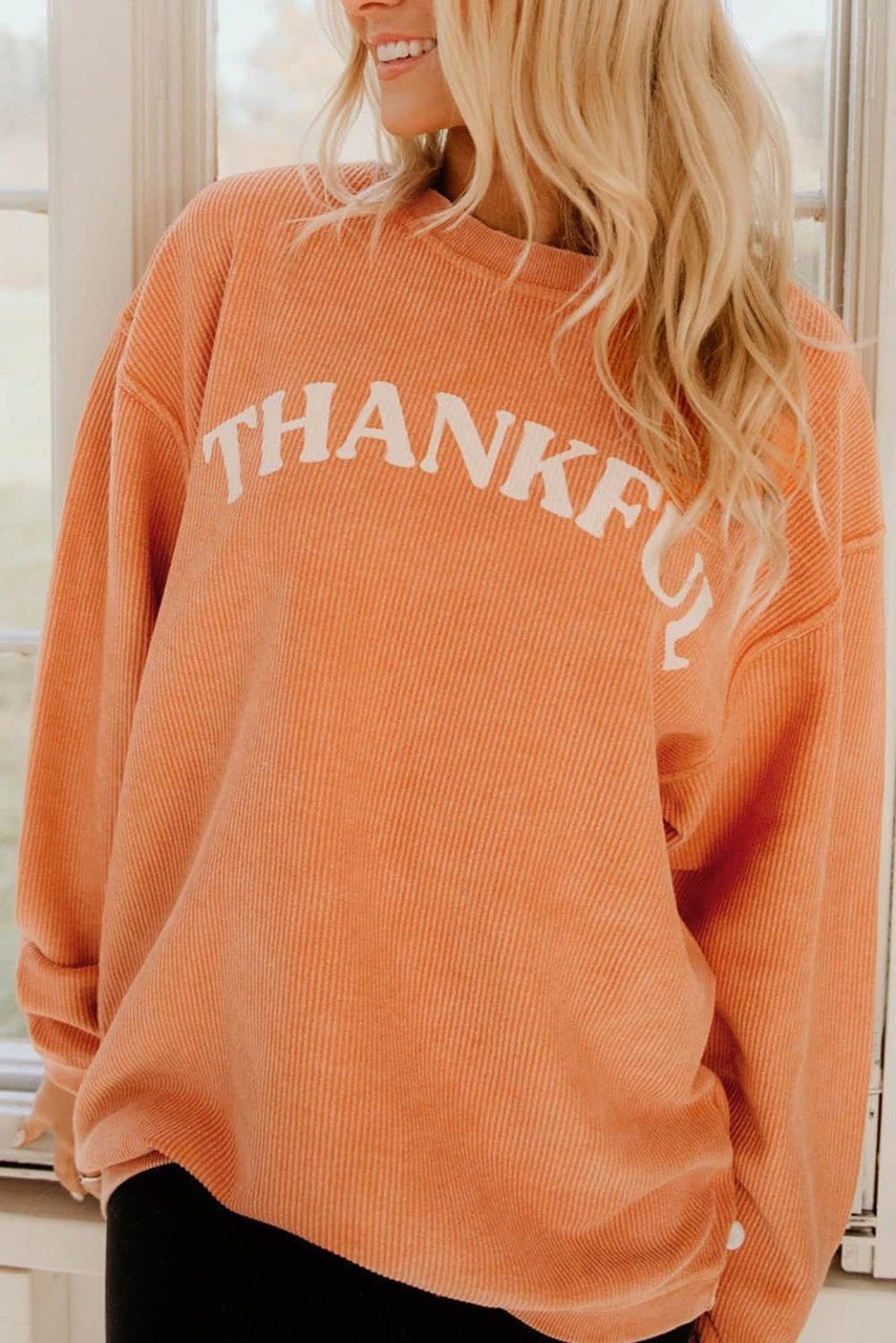 Orange Thankful Letter Graphic Corded Sweatshirt