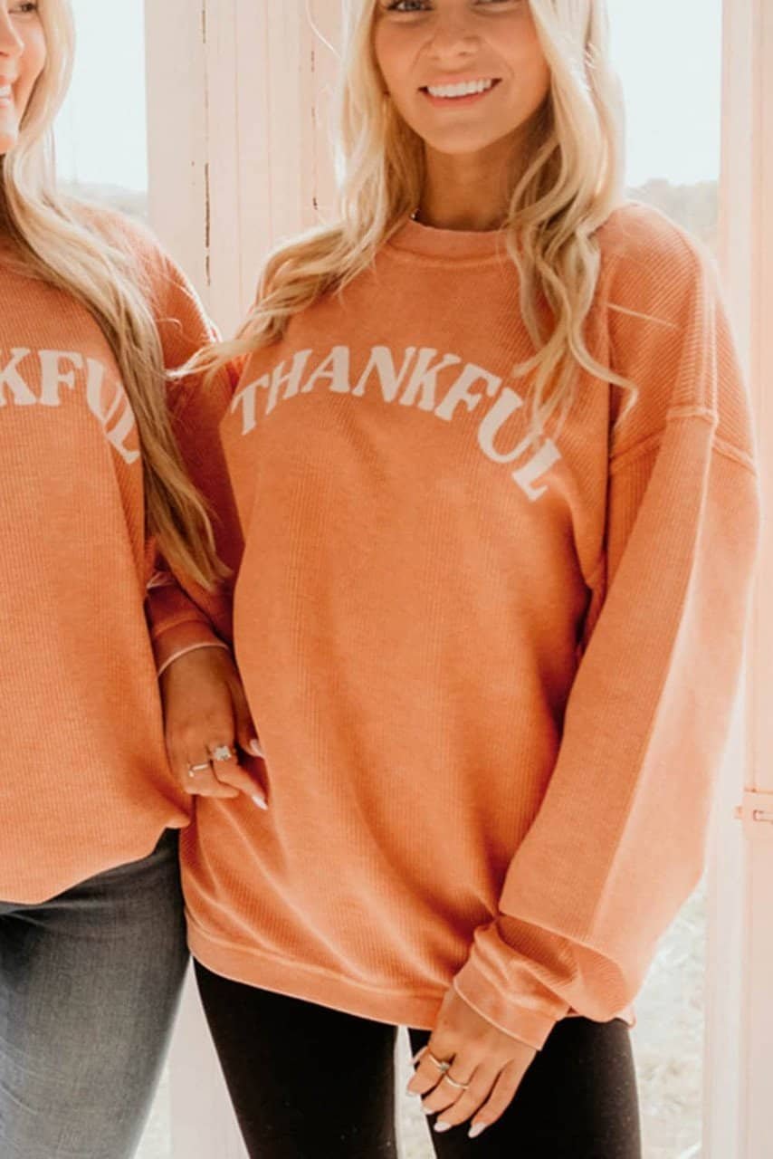 Orange Thankful Letter Graphic Corded Sweatshirt