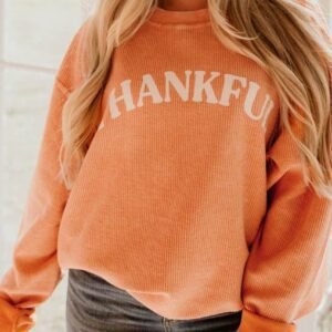 Orange Thankful Letter Graphic Corded Sweatshirt
