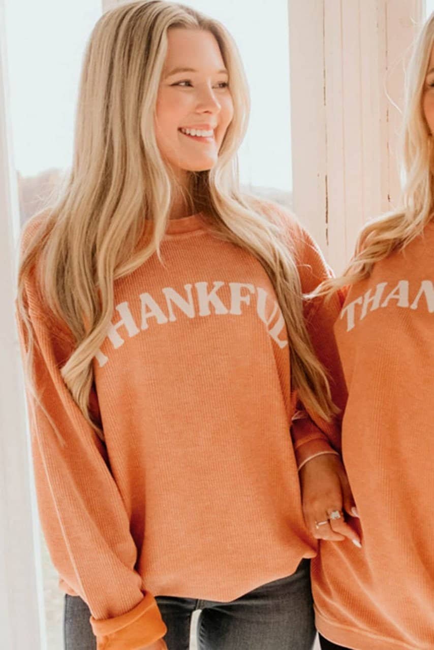 Orange Thankful Letter Graphic Corded Sweatshirt