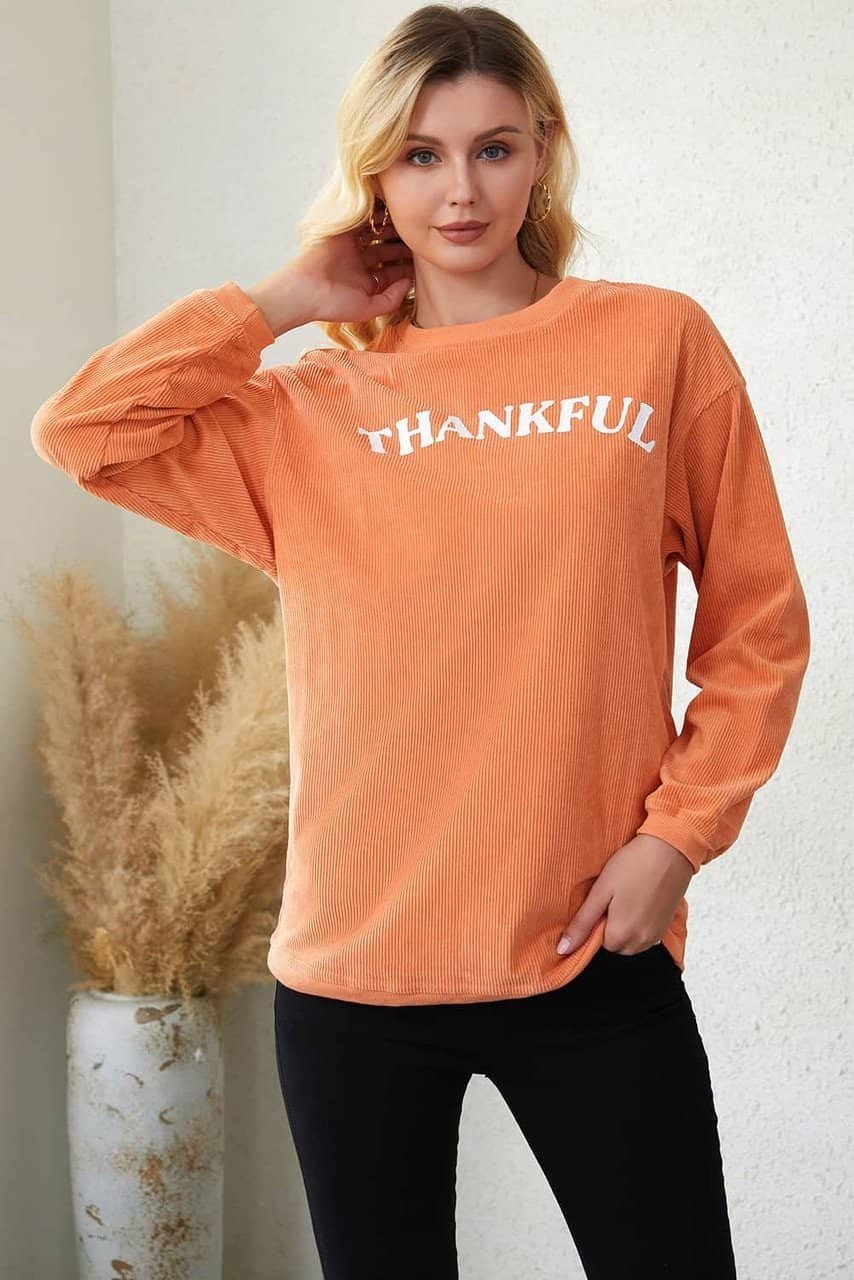 Orange Thankful Letter Graphic Corded Sweatshirt