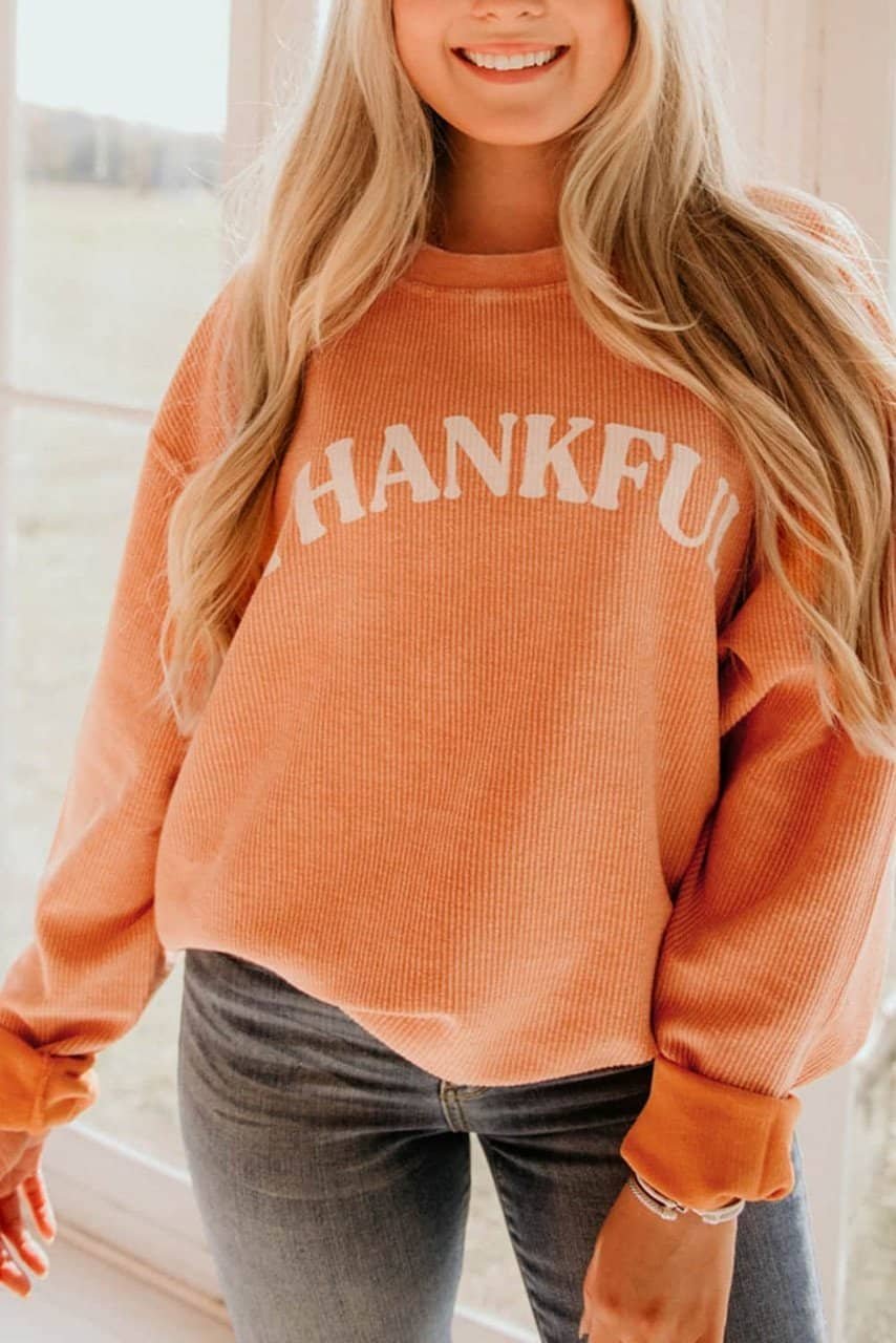 Orange Thankful Letter Graphic Corded Sweatshirt