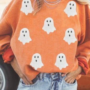 Orange Twisted Ribbed Texture Halloween Ghost Sequin Patched Sweatshirt