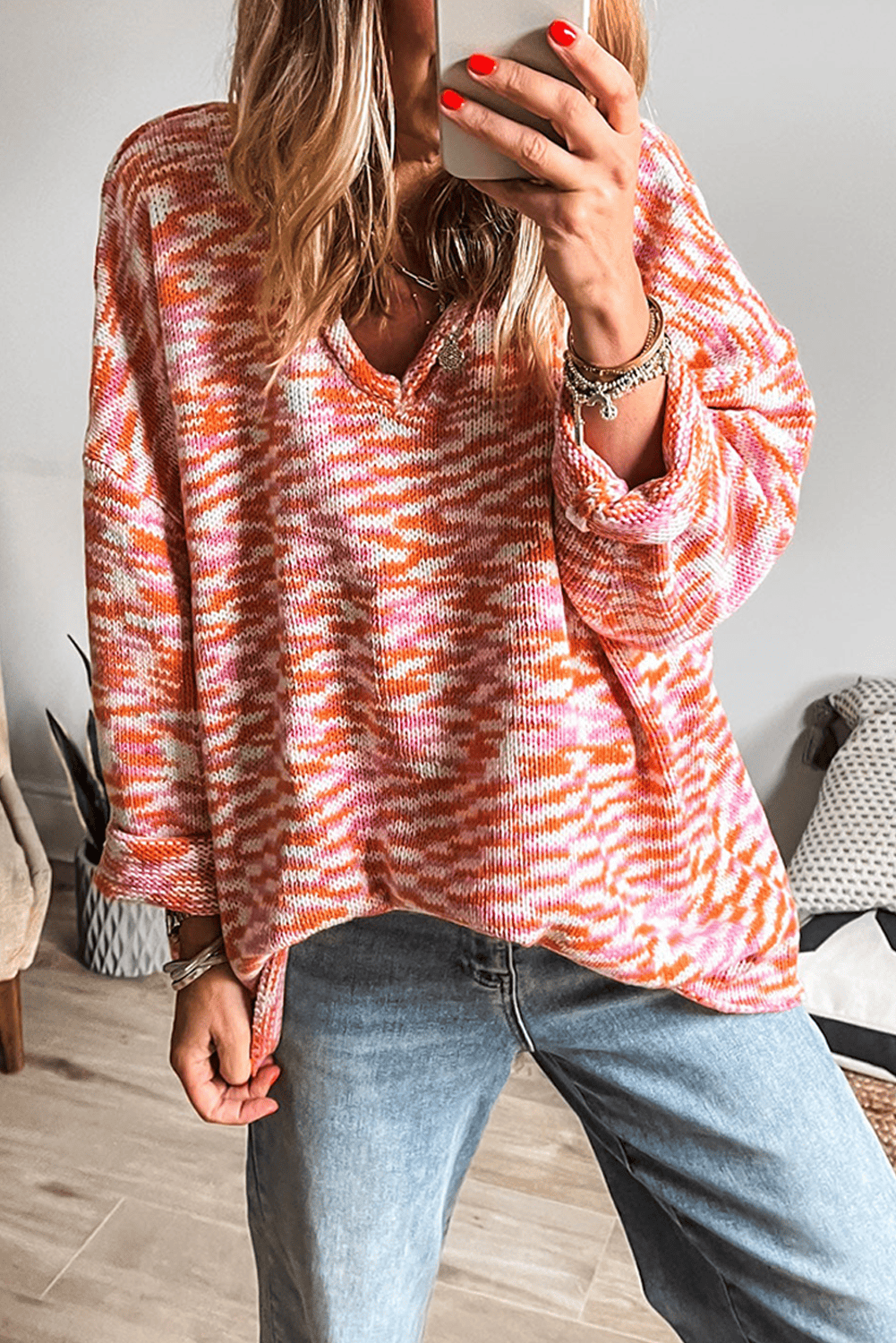 Orange Vibrant Abstract Print Drop Shoulder V Neck Tunic Oversized Sweater