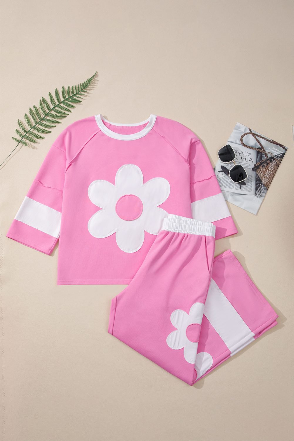 Orchid Bouquet Big Flower Patched Raw Seam Color Block 2 Piece Loose Pant Set