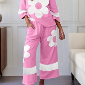 Orchid Bouquet Big Flower Patched Raw Seam Color Block 2 Piece Loose Pant Set