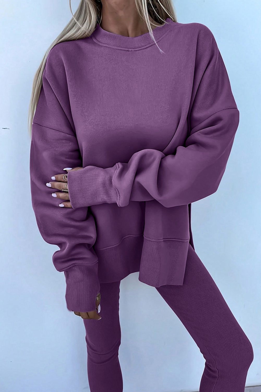 Orchid Mist Solid Color Oversize Slit Sweatshirt Ribbed Leggings 2Pcs Set