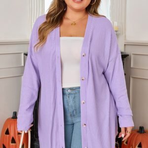 Orchid Petal Plus Size Waffle Knit Button Front Cardigan