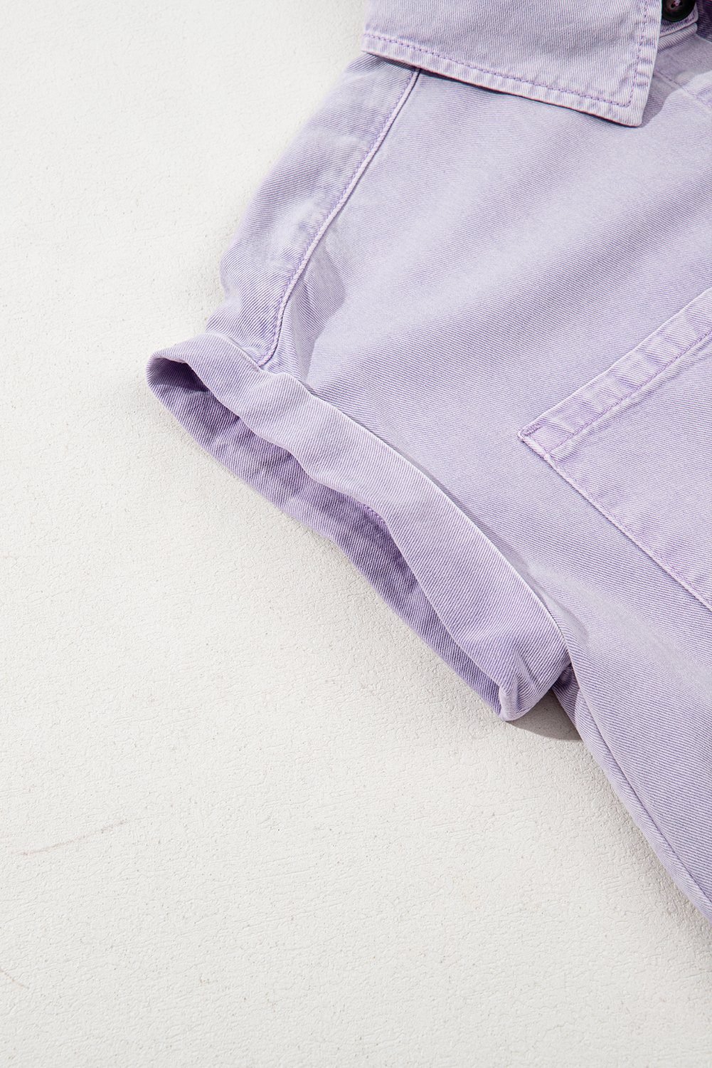 Orchid Petal Short Sleeve Double Chest Pocket Denim Shirt Dress
