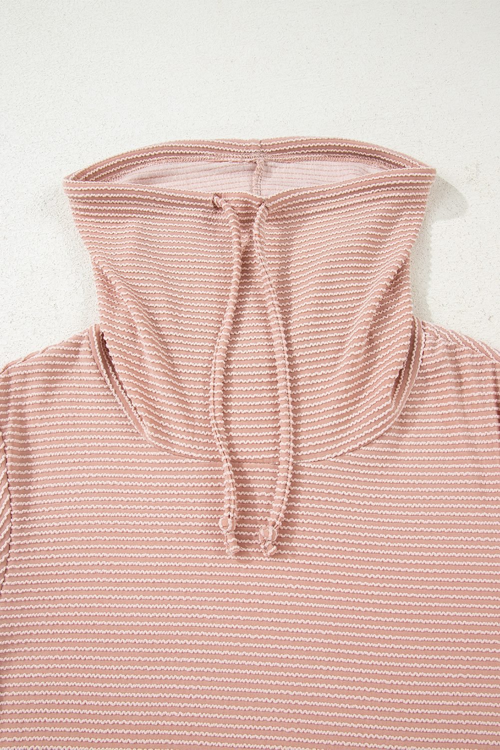 Pale Chestnut Horizontal Twist Ribbed Drawstring Cowl Neck Knit Top