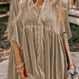 Pale Khaki 3/4 Sleeve Tunic Babydoll Velvet Shirt