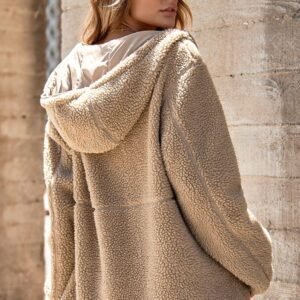 Pale Khaki Fleece Zip Up Drawstring Hooded Pocketed Jacket