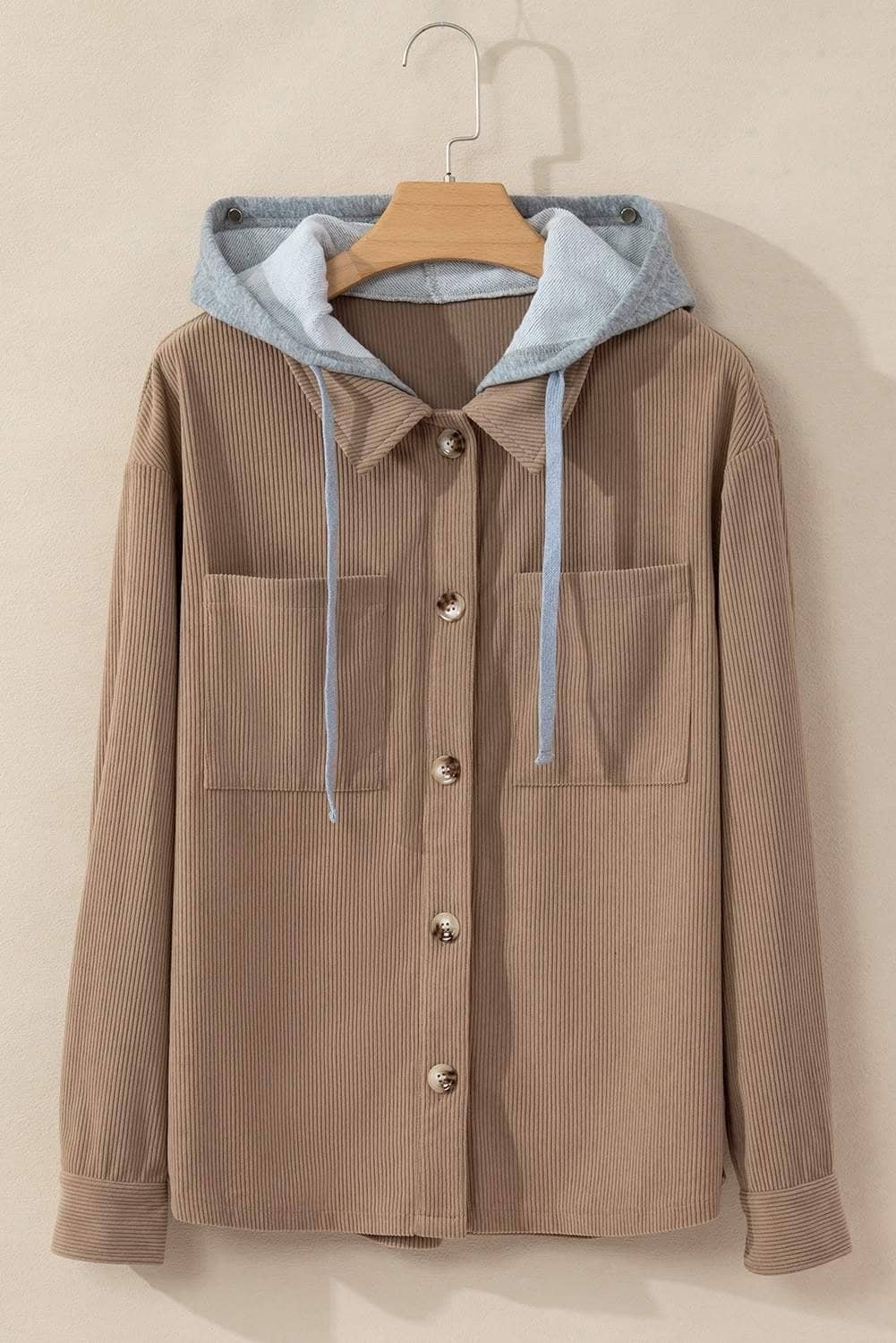 Pale Khaki Hooded Drawstring Pockets Corduroy Shacket