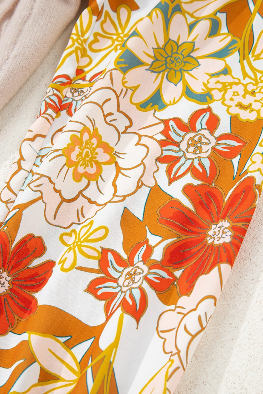Parchment Cable Knit Ruffle Detail Contrast Floral Sleeve Patchwork Sweater