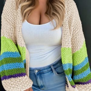 Parchment Color Block Crochet Open Front Plus Size Cardigan