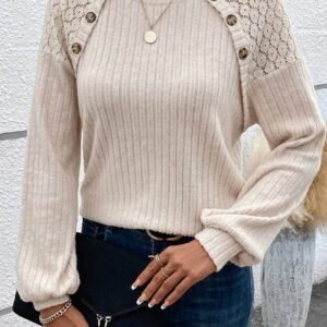 Parchment Contrast Lace Raglan Sleeve Buttoned Ribbed Top