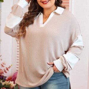 Parchment Corded Colorblock Long Sleeve Slit V Neck Plus Top