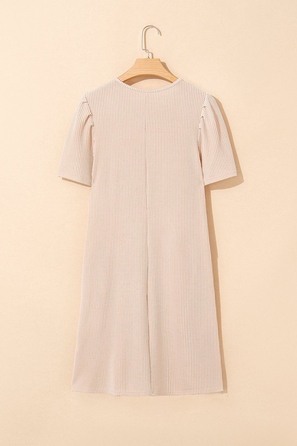 Parchment Corded Knit Crew Neck Puff Sleeve Shift Mini Dress