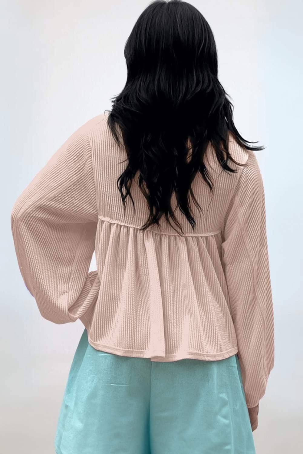 Parchment Corded Turn-Down V Neck Bubble Sleeve Babydoll Blouse