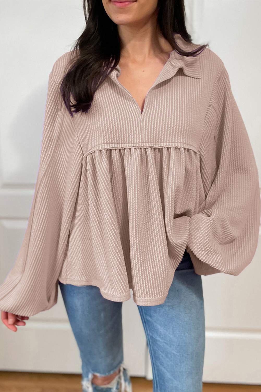 Parchment Corded Turn-Down V Neck Bubble Sleeve Babydoll Blouse