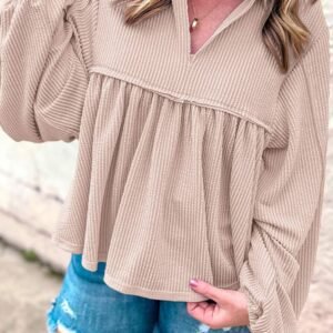 Parchment Corded Turn-Down V Neck Bubble Sleeve Babydoll Blouse