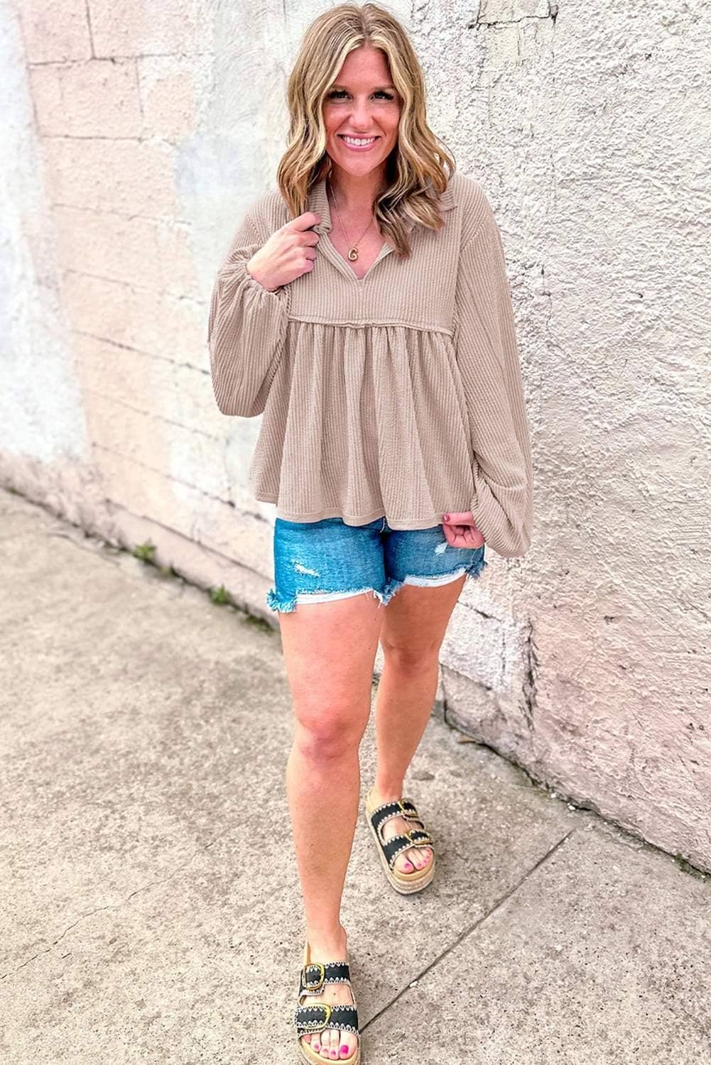 Parchment Corded Turn-Down V Neck Bubble Sleeve Babydoll Blouse