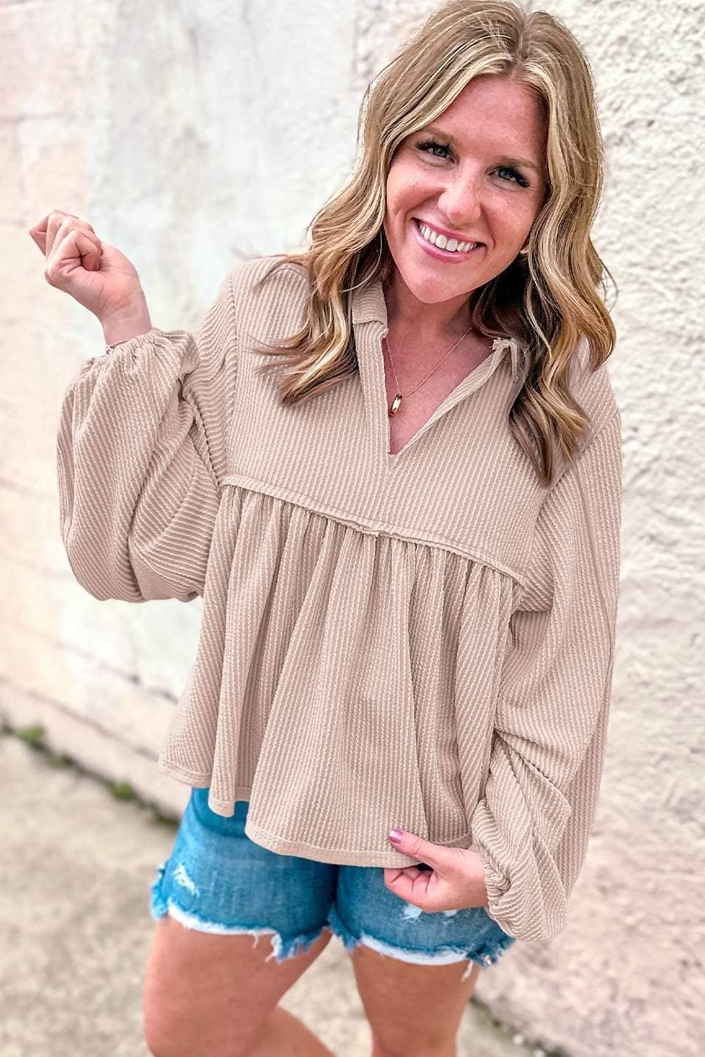 Parchment Corded Turn-Down V Neck Bubble Sleeve Babydoll Blouse