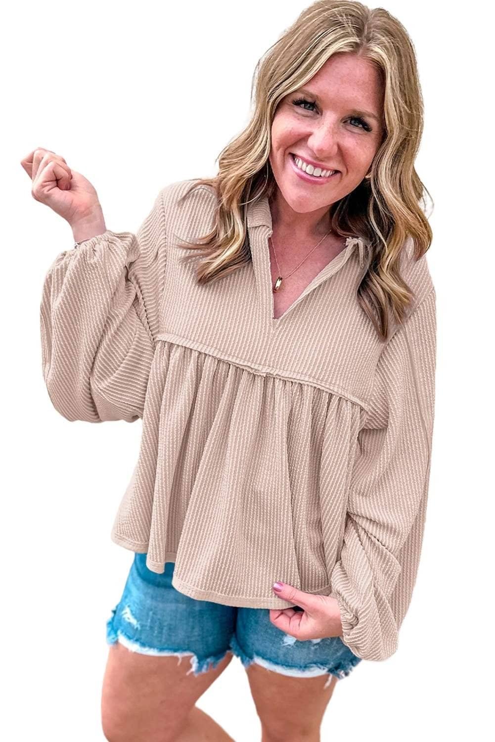 Parchment Corded Turn-Down V Neck Bubble Sleeve Babydoll Blouse