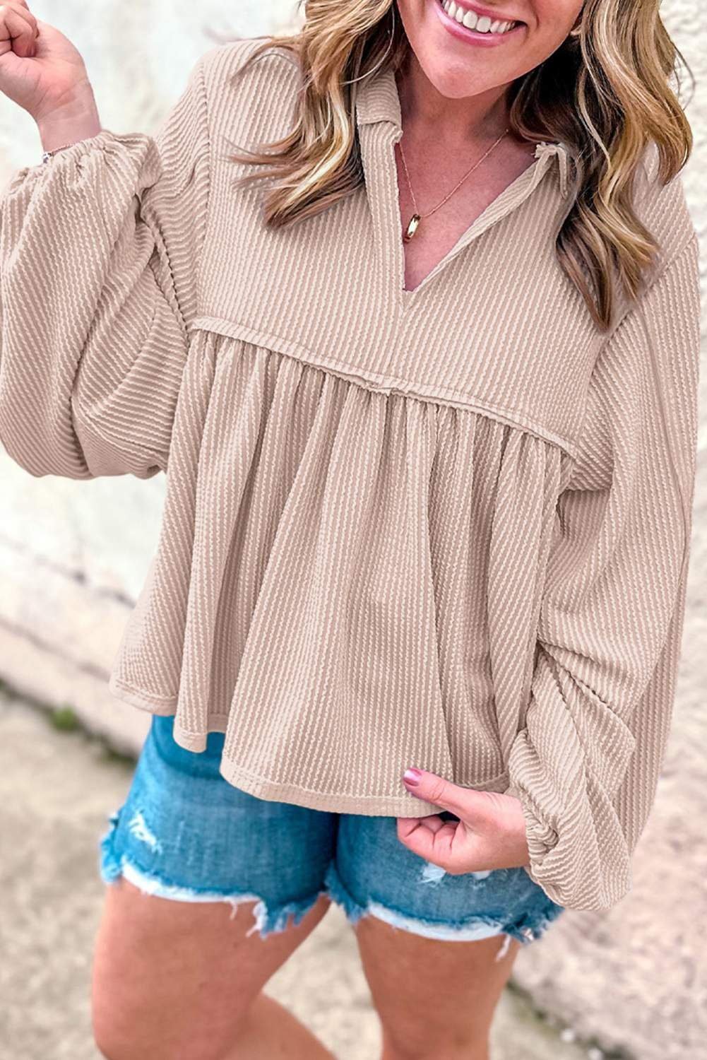 Parchment Corded Turn-Down V Neck Bubble Sleeve Babydoll Blouse