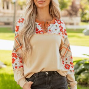 Parchment Floral Plaid Patchwork Casual Top