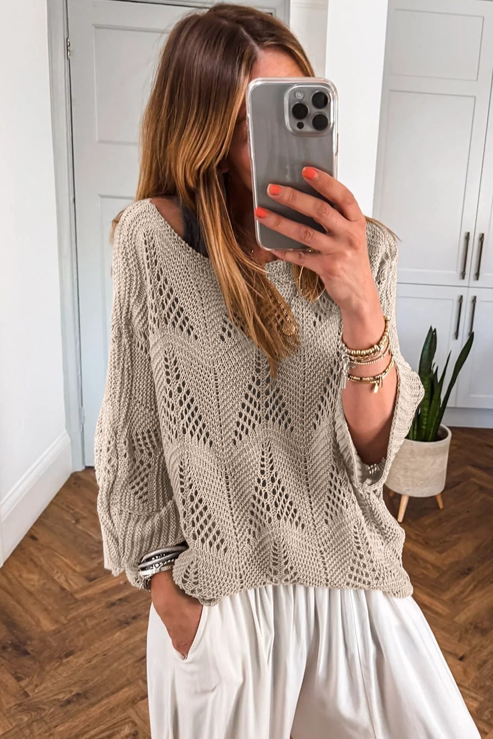 Parchment Hollow Out Knit 7/8 Sleeve Casual Sweater